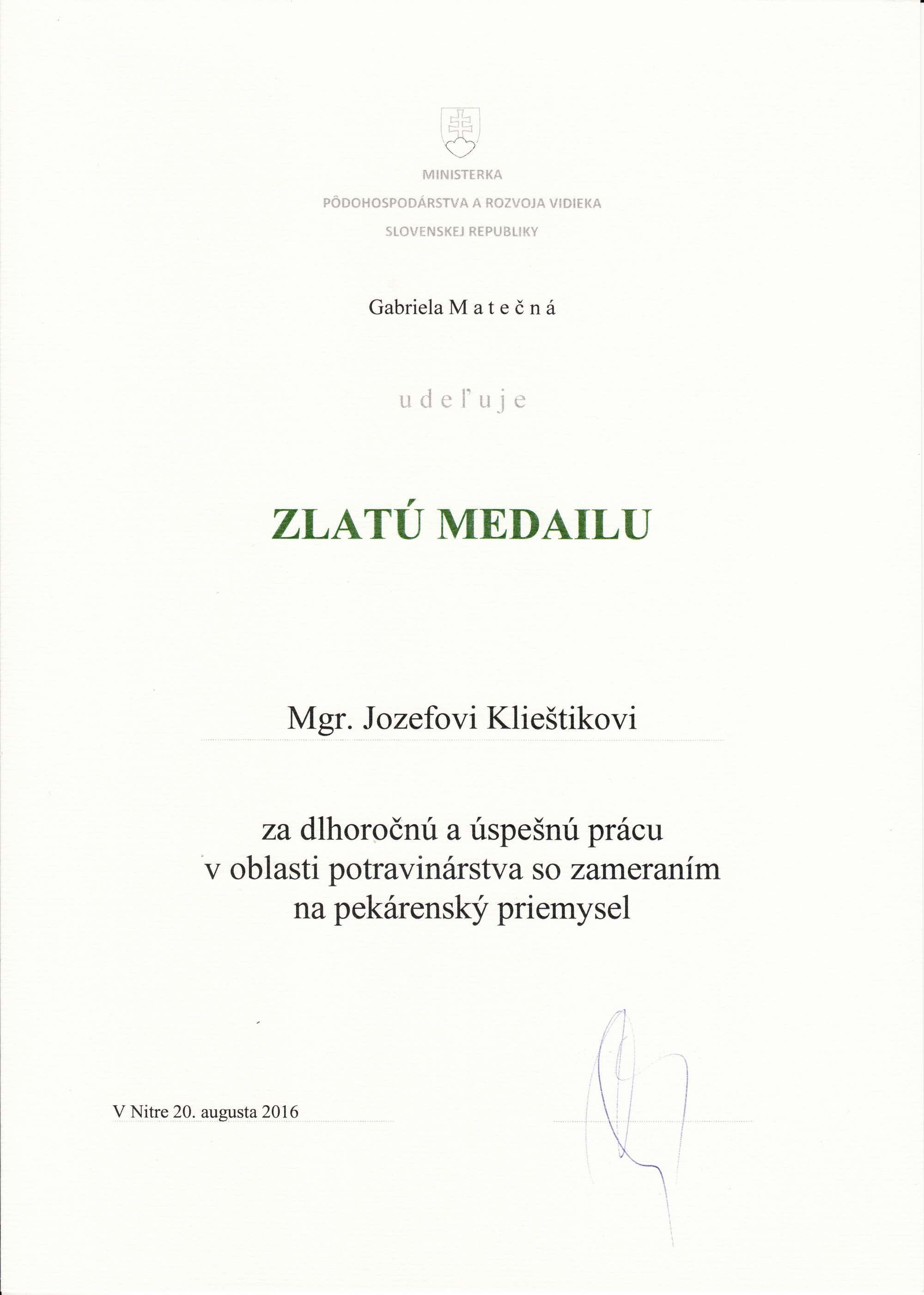 Zlatá medaila 2016 - Mgr. Jozef Klieštik - Vilija